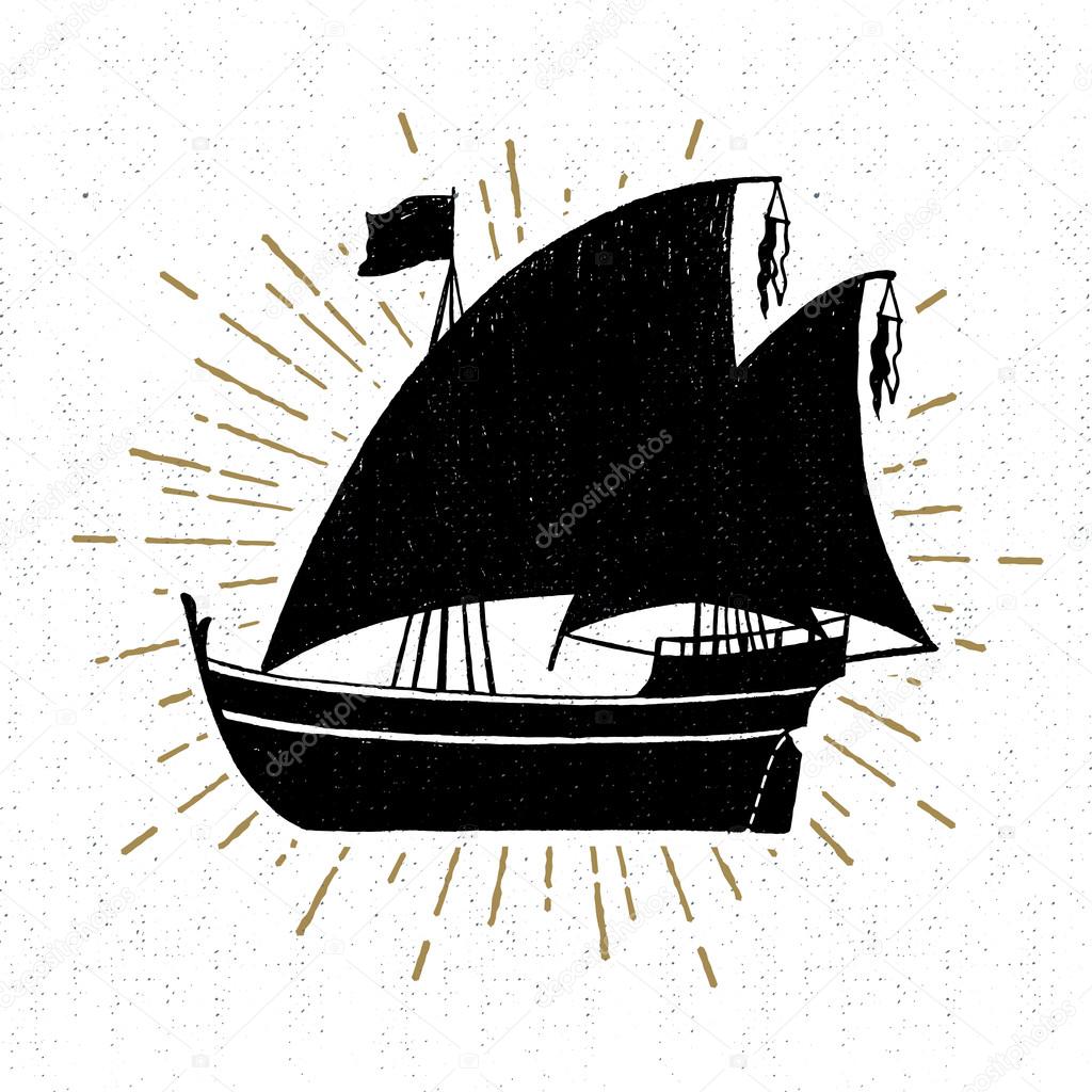 Hand drawn textured vintage icon with ship vector illustration