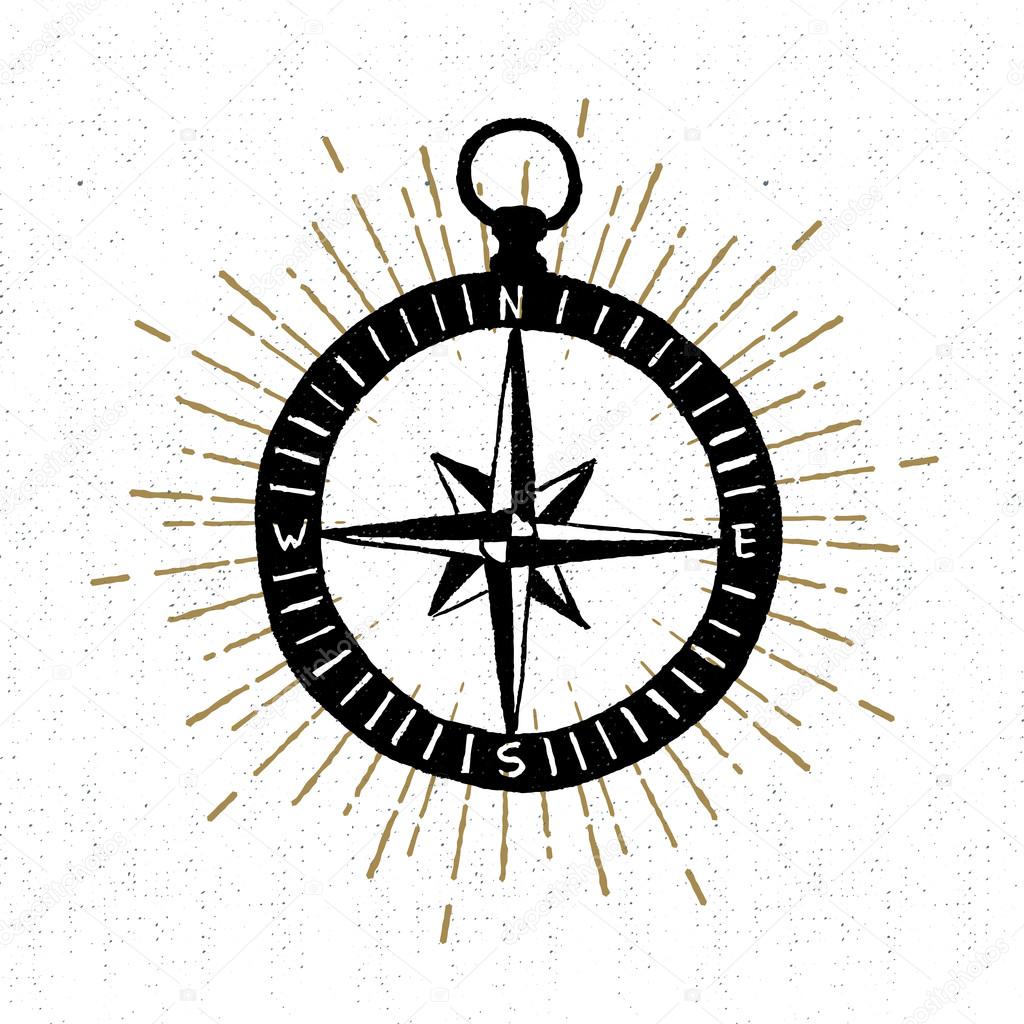 Hand drawn textured icon with compass rose vector illustration.