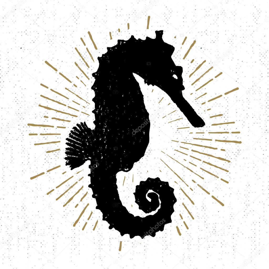 Hand drawn textured icon with seahorse vector illustration