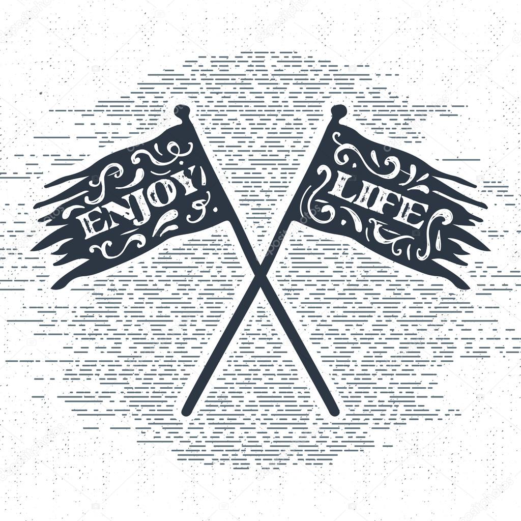 Hand drawn vintage label, retro badge with textured crossed flags vector illustration and 