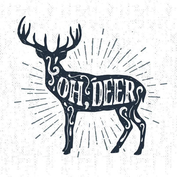 Etiqueta vintage dibujada a mano con ilustración de vectores de ciervos texturizados . — Vector de stock