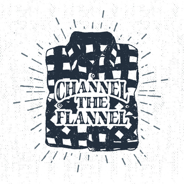 Hand drawn vintage label with textured plaid shirt vector illustration.