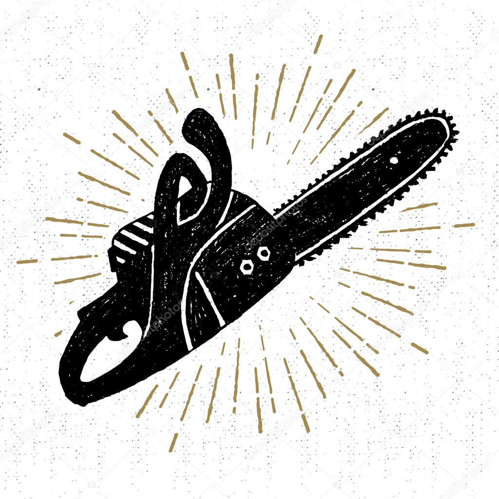 Hand drawn vintage icon with a textured chainsaw vector illustration.