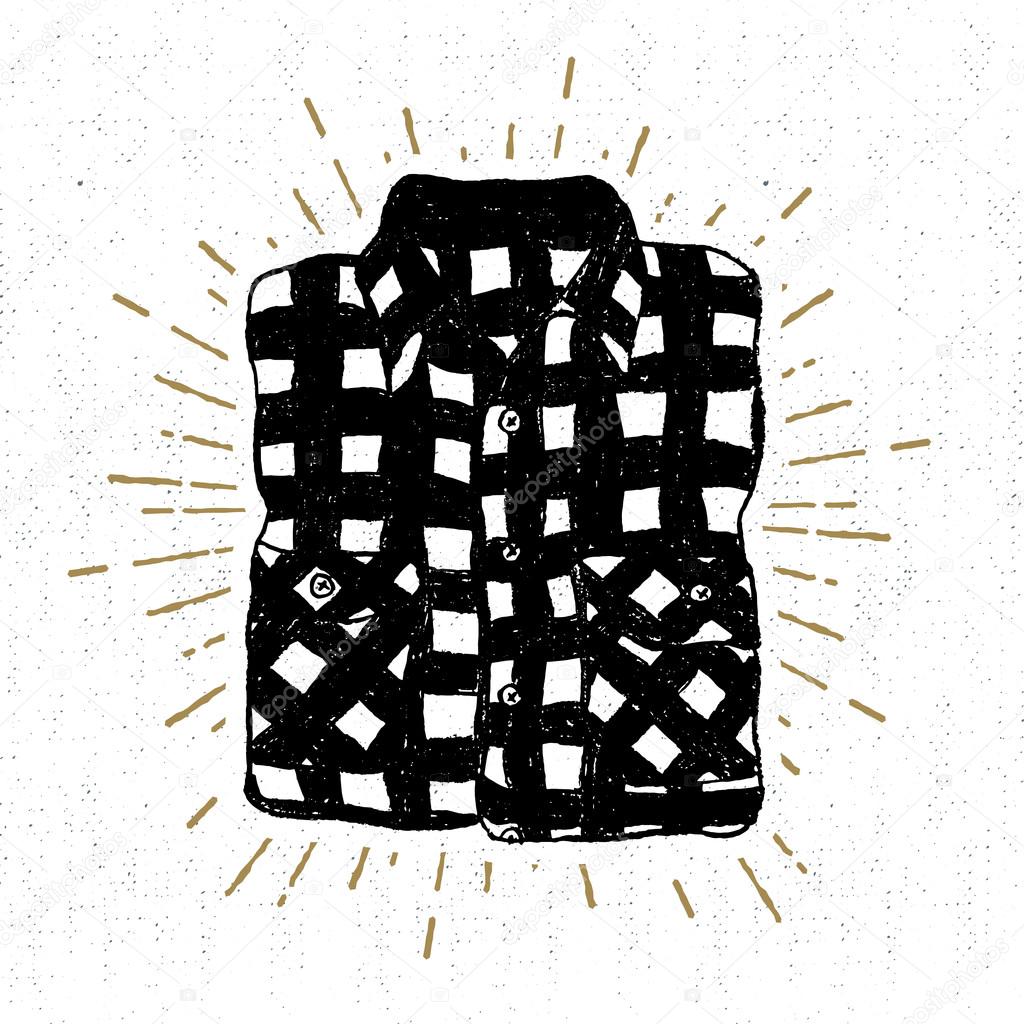 Hand drawn vintage icon with a textured plaid shirt vector illustration.