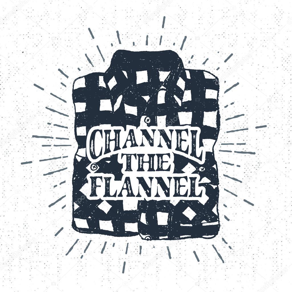 Hand drawn vintage label with textured plaid shirt vector illustration and 