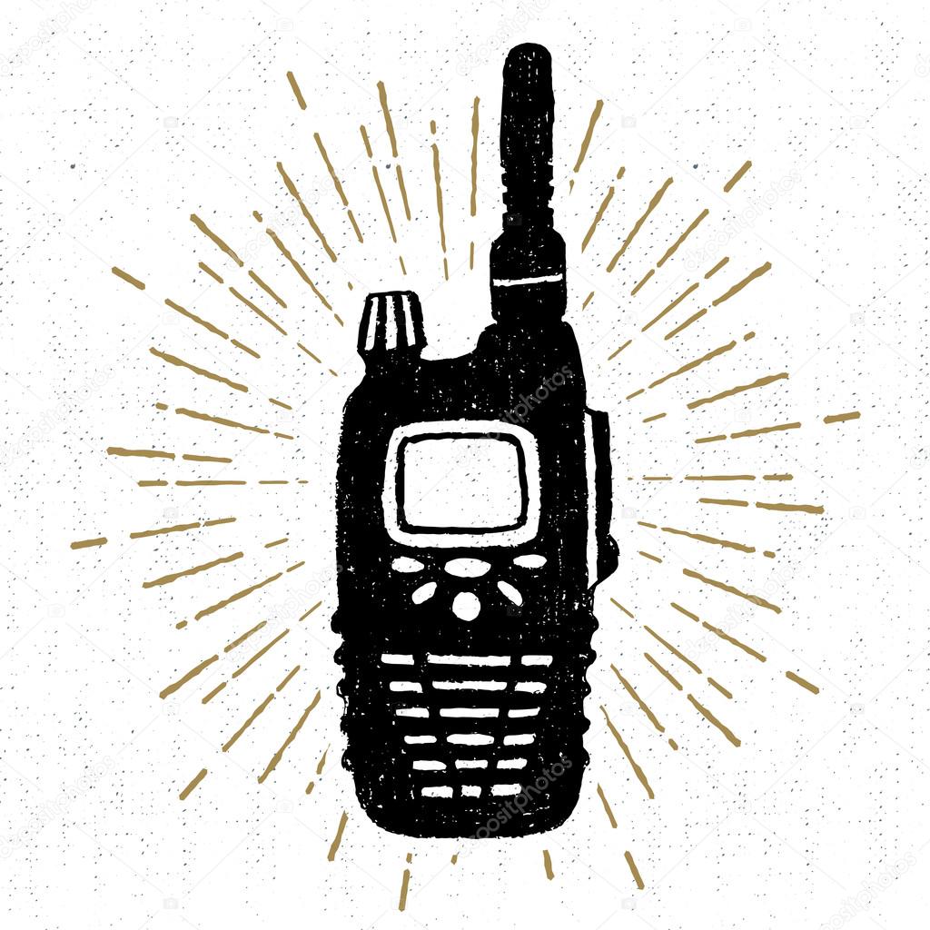 Hand drawn icon with a textured portable radio receiver vector illustration.
