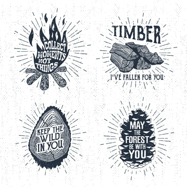 Hand drawn vintage badges set with textured bonfire, timber, tree trunk, and pine cone vector illustration. — Stock Vector