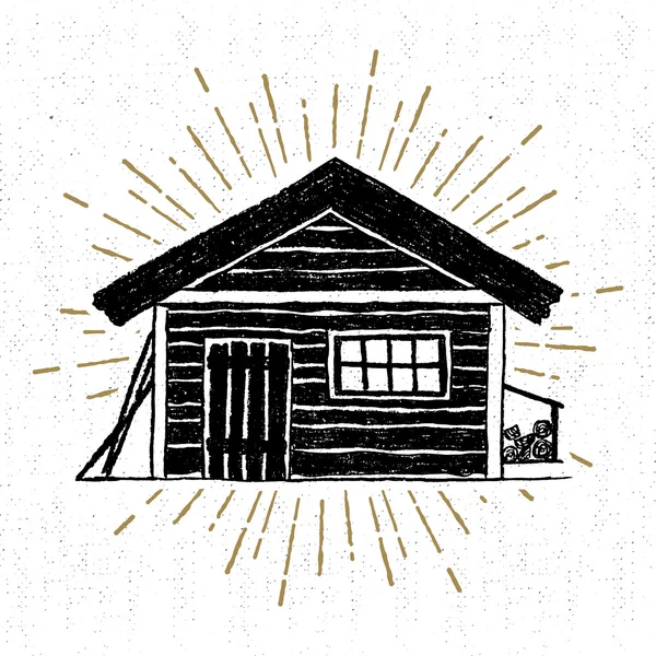 Hand drawn icon with a textured wooden cabin vector illustration — Stock Vector