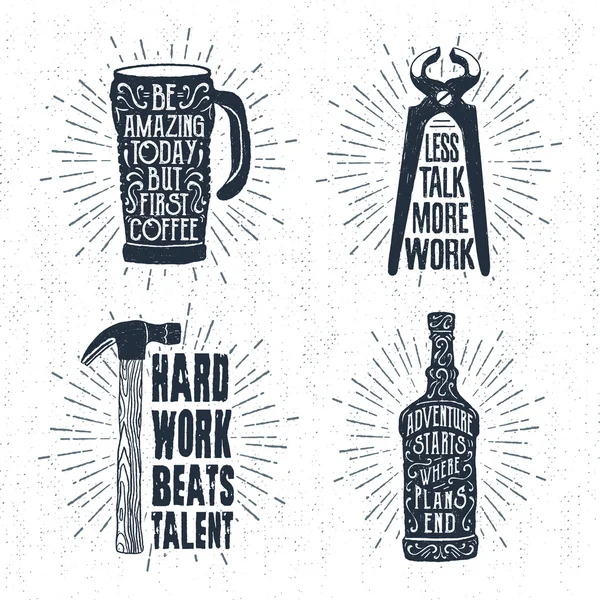 Hand drawn vintage badges set with textured thermo cup, pincers, hammer, and whiskey bottle illustrations. — Stock Vector