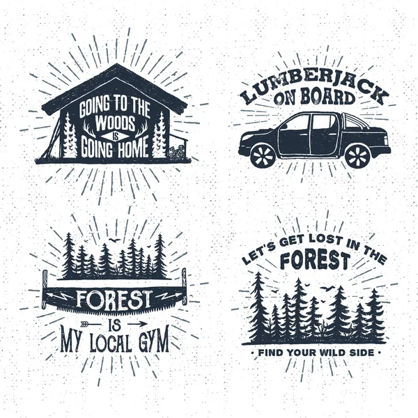 Hand drawn vintage badges set with textured wooden cabin, pickup truck, saw, and forest illustrations. — Stock Vector