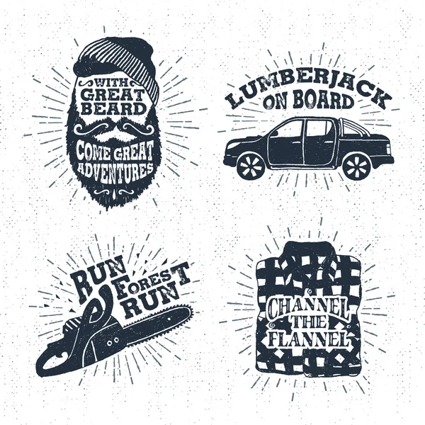 Hand drawn vintage badges set with textured bearded face, pickup truck, chainsaw, and plaid shirt illustrations. — Stock Vector