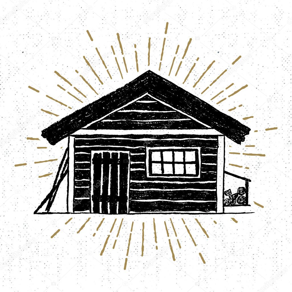 Hand drawn icon with a textured wooden cabin vector illustration.