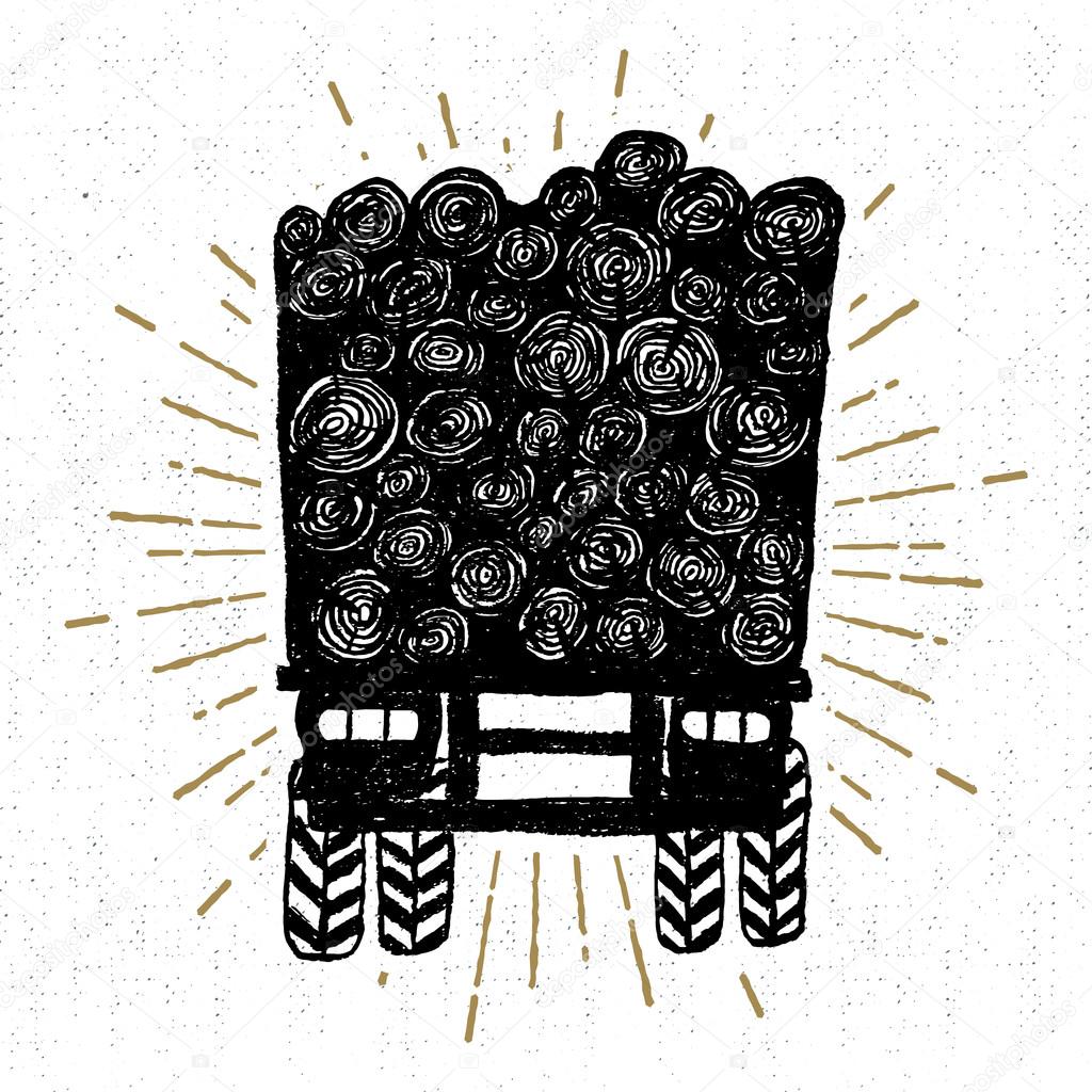 Hand drawn icon with a textured log truck vector illustration.