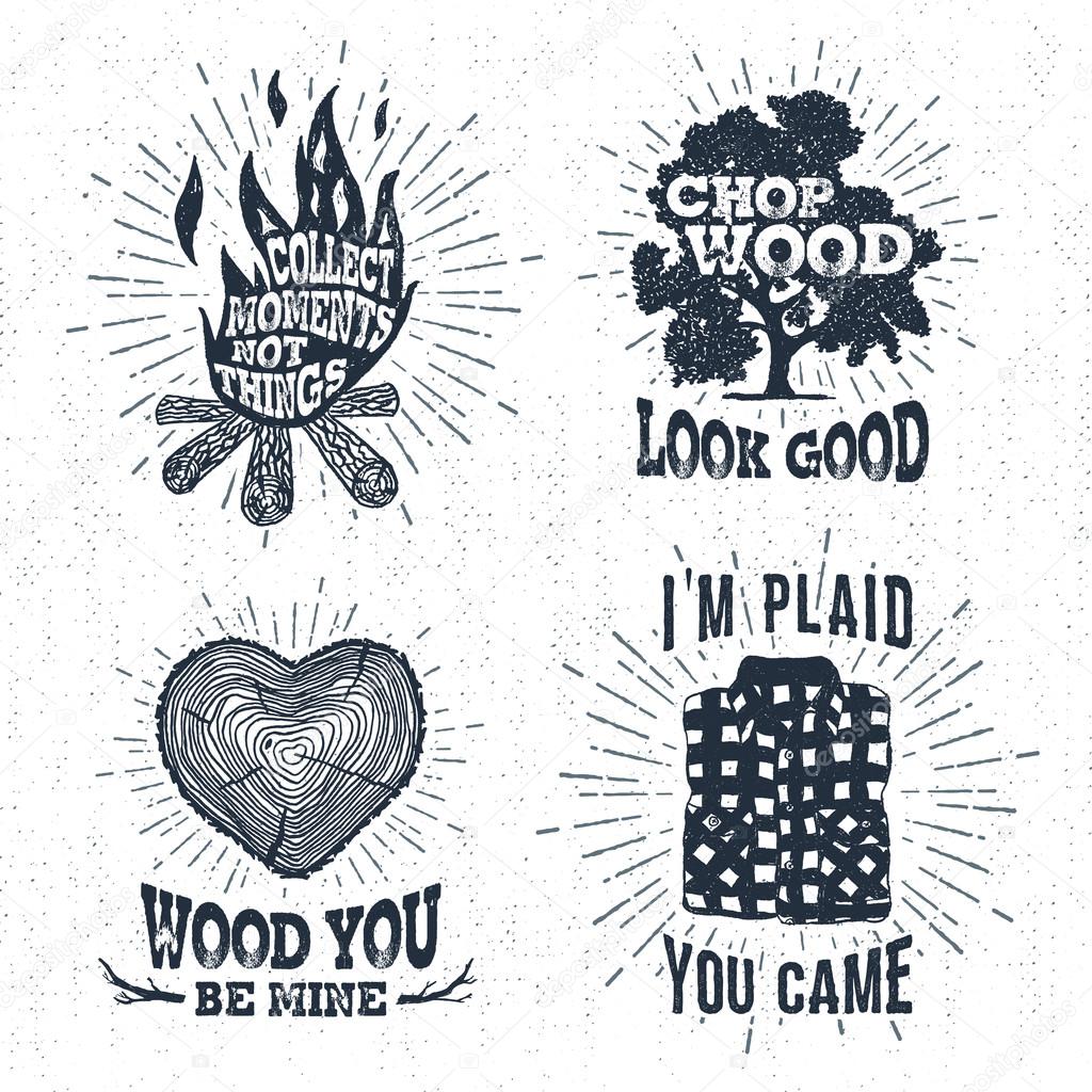 Hand drawn vintage badges set with textured bonfire, oak tree, tree trunk, and plaid shirt vector illustrations and inspirational lettering.