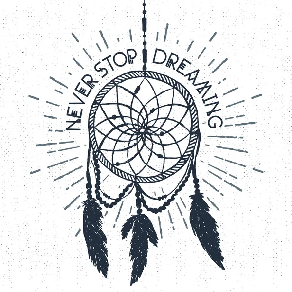 Hand dras etikett med dream catcher vektor illustration och bokstäver. — Stock vektor