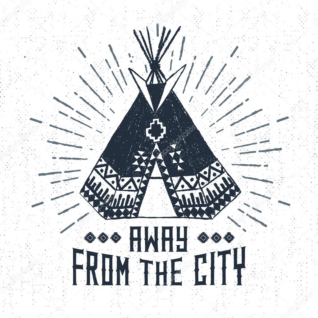 Hand drawn tribal label with textured teepee vector illustration and 