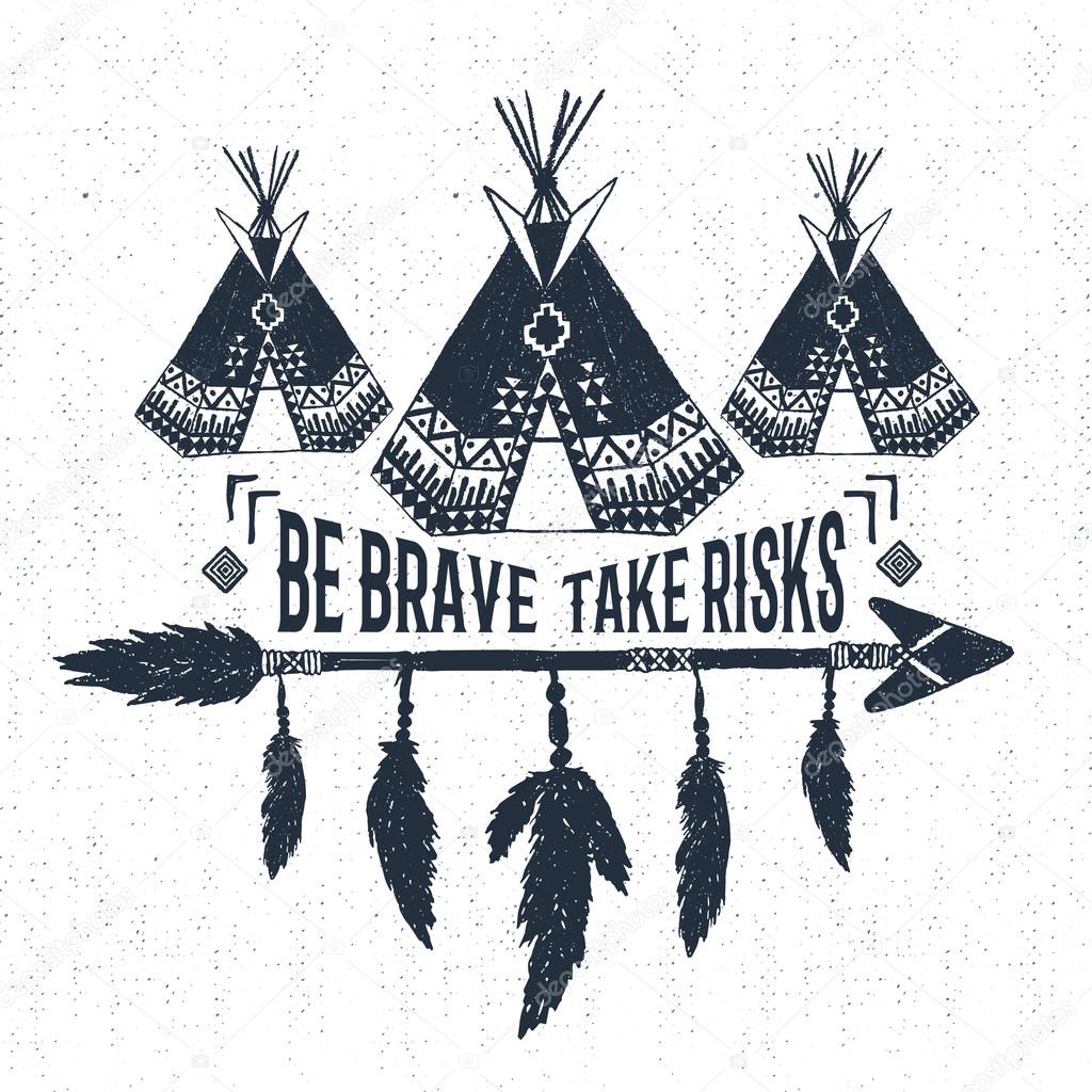 Hand drawn tribal label with textured teepees vector illustration and 