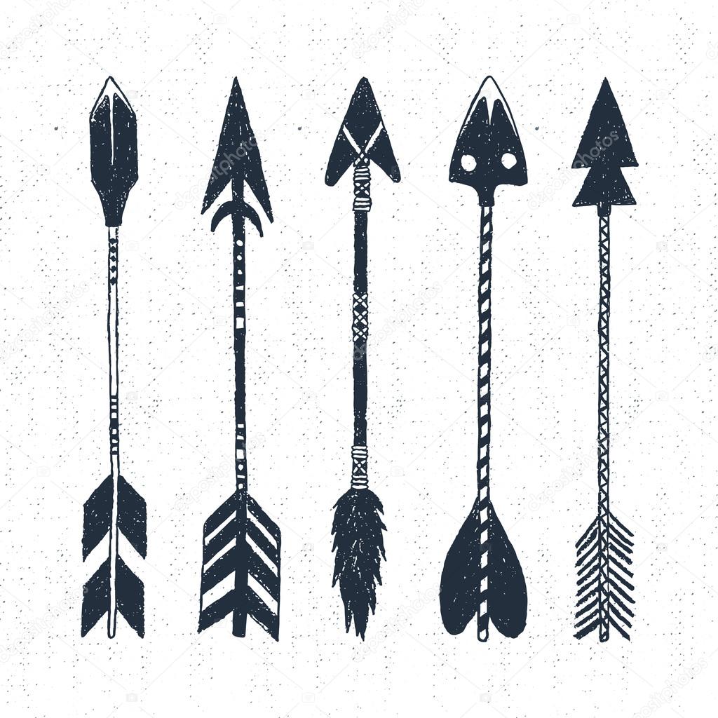 Hand drawn tribal icons set with textured arrows vector illustrations.