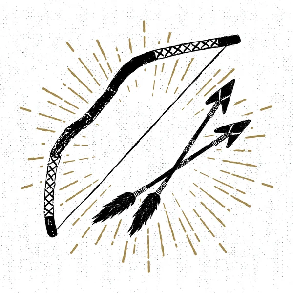 Met de hand getekende tribal pictogram met getextureerde boog en pijlen vector illustratie — Stockvector