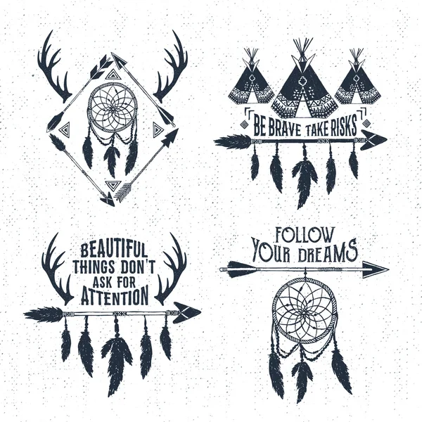 Hand drawn tribal labels set and lettering. — Stock Vector