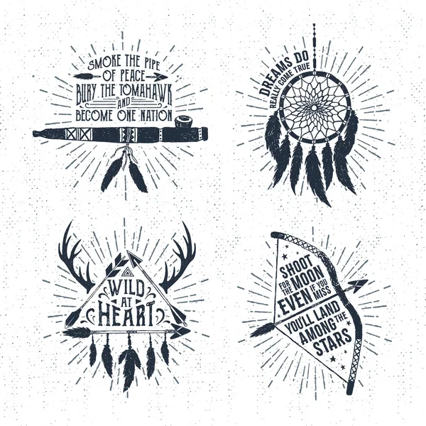 Hand drawn tribal labels set and lettering. — Stock Vector