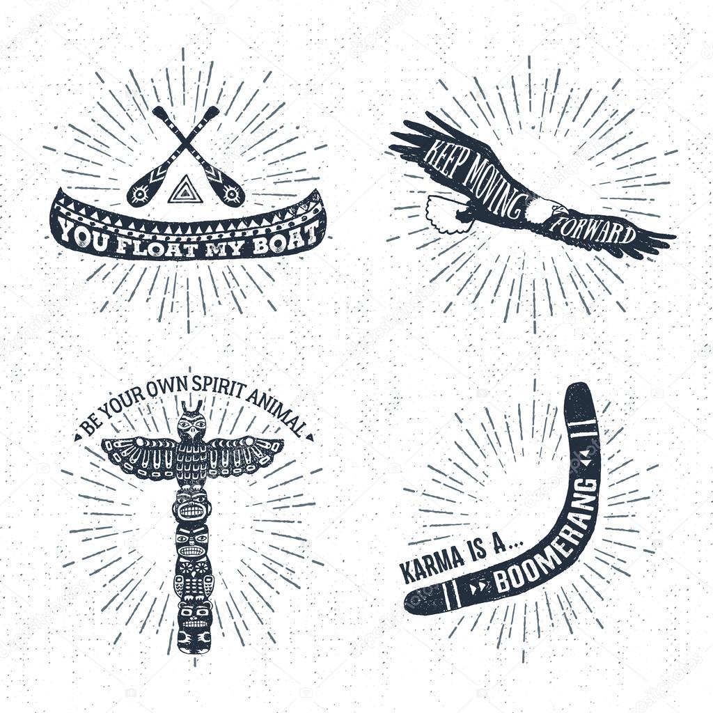 Hand drawn tribal labels set with canoe, eagle, totem pole, and boomerang vector illustrations and inspirational lettering.