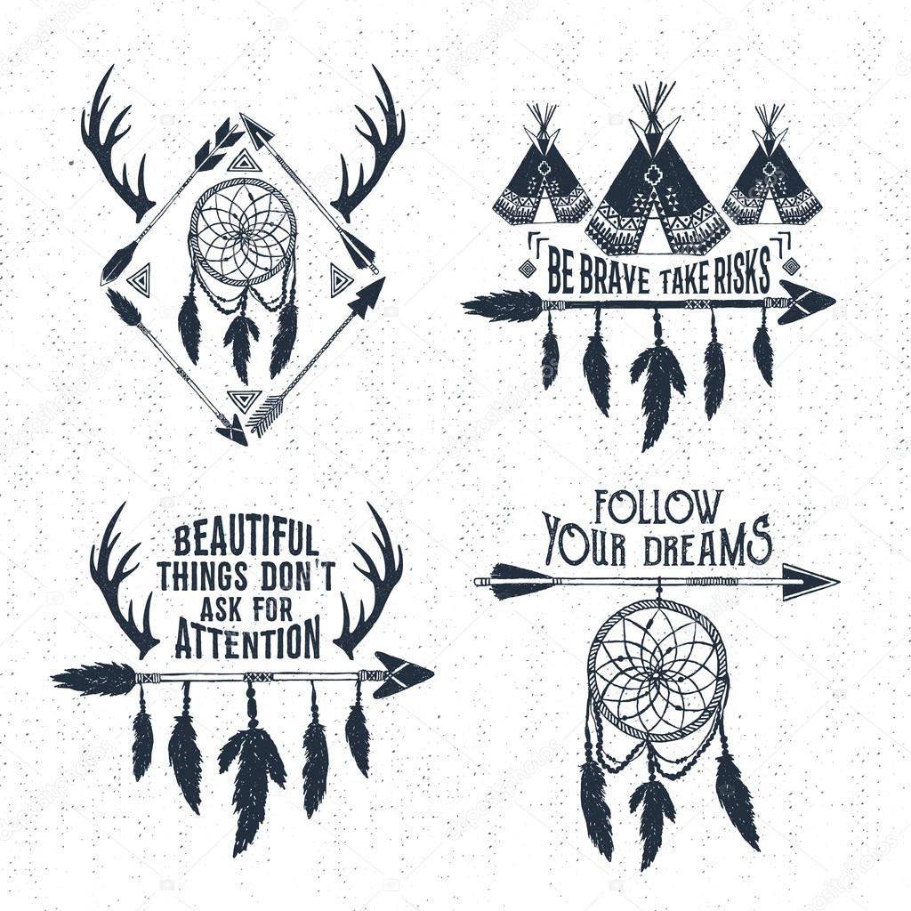 Hand drawn tribal labels set with arrows, teepees, dream catcher, and horns vector illustrations and inspirational lettering.