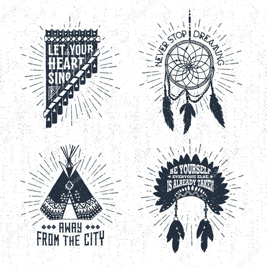 Hand drawn tribal labels set with pan flute, dream catcher, teepee, and headdress vector illustrations and inspirational lettering.