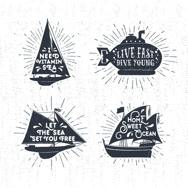 Hand drawn textured vintage labels set with vector illustrations — Stock Vector