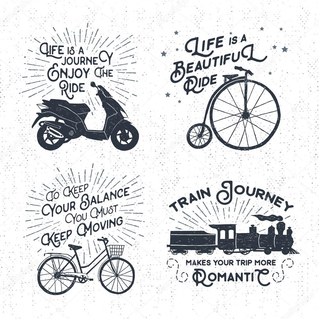 Hand drawn textured vintage labels set with scooter, bicycle, steam train, and lettering vector illustrations.