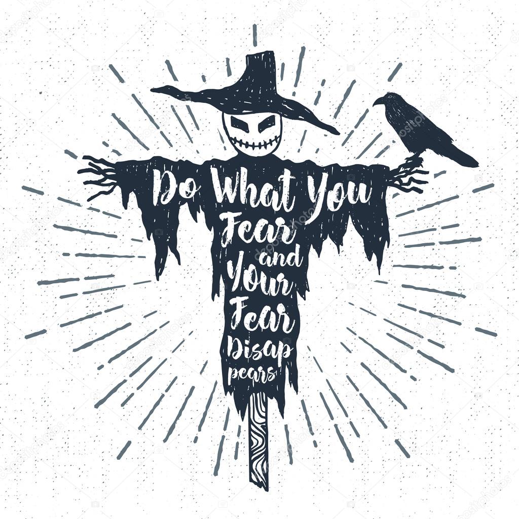 Hand drawn Halloween label with textured scarecrow vector illustration and 