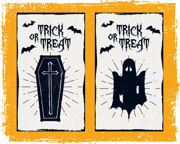 Tarjeta de Halloween con ataúd, fantasma y murciélagos — Vector de stock