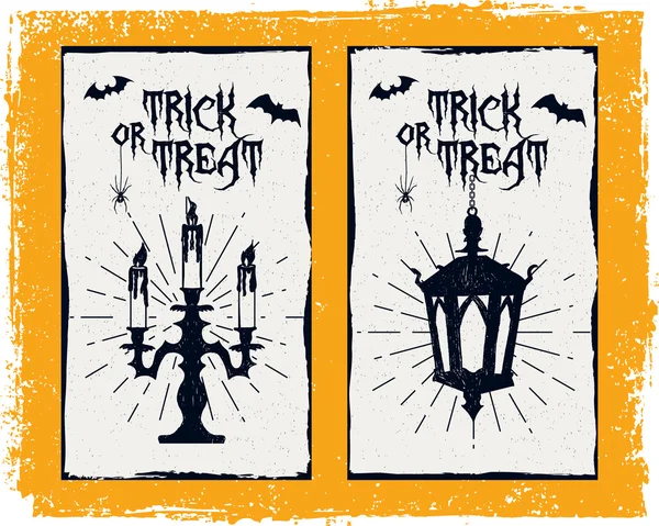 Tarjeta de Halloween con candelabro, linterna y murciélagos — Vector de stock