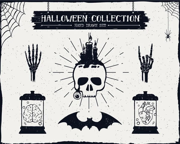 Halloween conjunto de esqueleto mãos, morcego, crânio, cérebro, e coração vetor ilustrações . —  Vetores de Stock