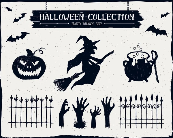 Halloween-Set aus Hexe, Laterne, Hexenkessel und Zombie-Händen. — Stockvektor