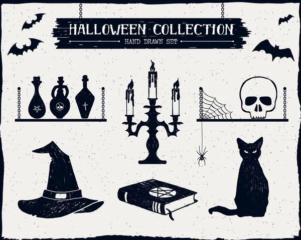 Halloween-Set aus Hexenhut, Fläschchen, Kerzenständer, Totenkopf und Katzenbildern. — Stockvektor