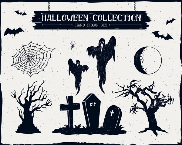 Halloween conjunto de cemitério, fantasmas, árvores mortas, lua cheia, e ilustrações teia de aranha . — Vetor de Stock