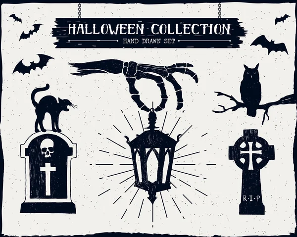 Set de lápidas de Halloween, búho, gato negro, linterna y murciélagos ilustraciones . — Vector de stock