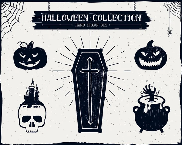 Conjunto de Halloween de un ataúd, Jack-o-linternas, cráneo, caldero y telarañas ilustraciones vectoriales . — Vector de stock