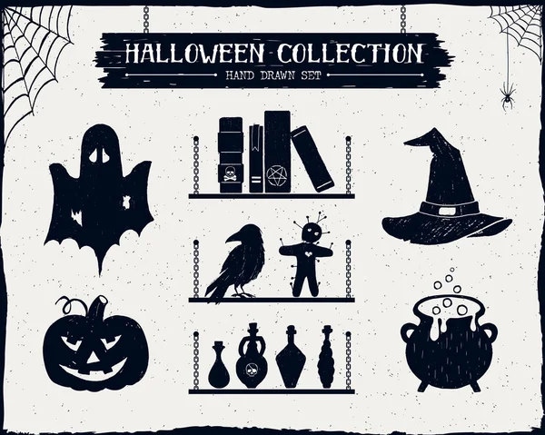 Halloween set of ghost, jack-o-lantern, spell books, witch hat, cauldron, and potion vials illustrations. — Stock Vector