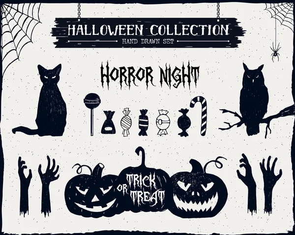 Halloween set of black cat, owl, candies, zombie hands, and jack-o-lanterns illustrations. — Stock Vector