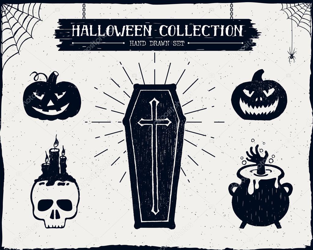 Halloween set of a coffin, jack-o-lanterns, skull, cauldron, and spiderwebs vector illustrations.