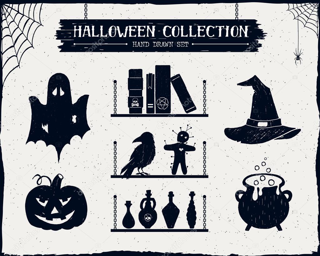 Halloween set of ghost, jack-o-lantern, spell books, witch hat, cauldron, and potion vials illustrations.