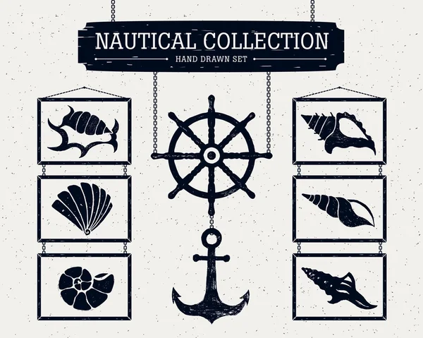 Set icone nautiche disegnate a mano . — Vettoriale Stock