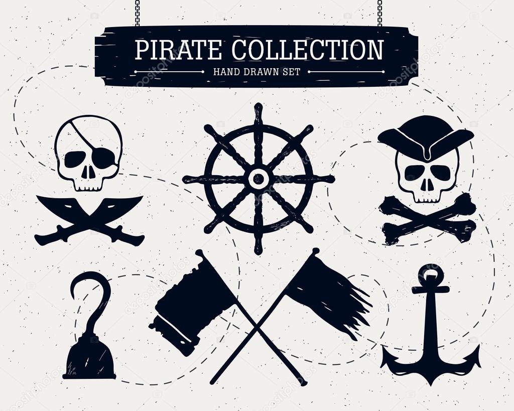 Hand drawn pirate collection of elements on black background. 