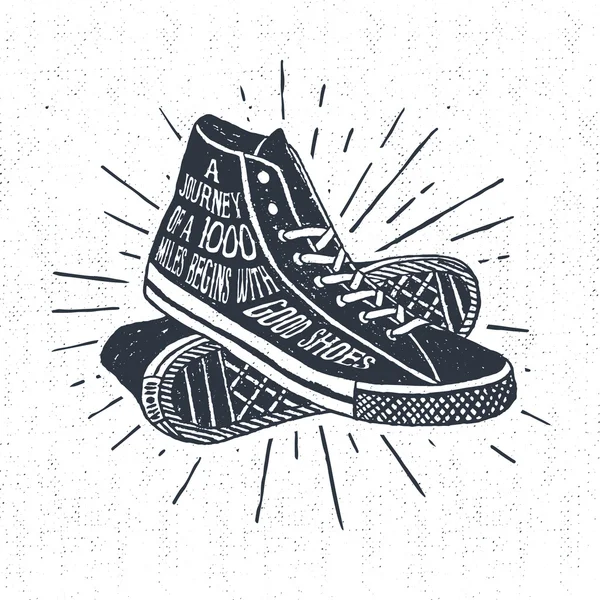 Insignia de viaje inspiradora dibujada a mano con zapatillas . — Vector de stock