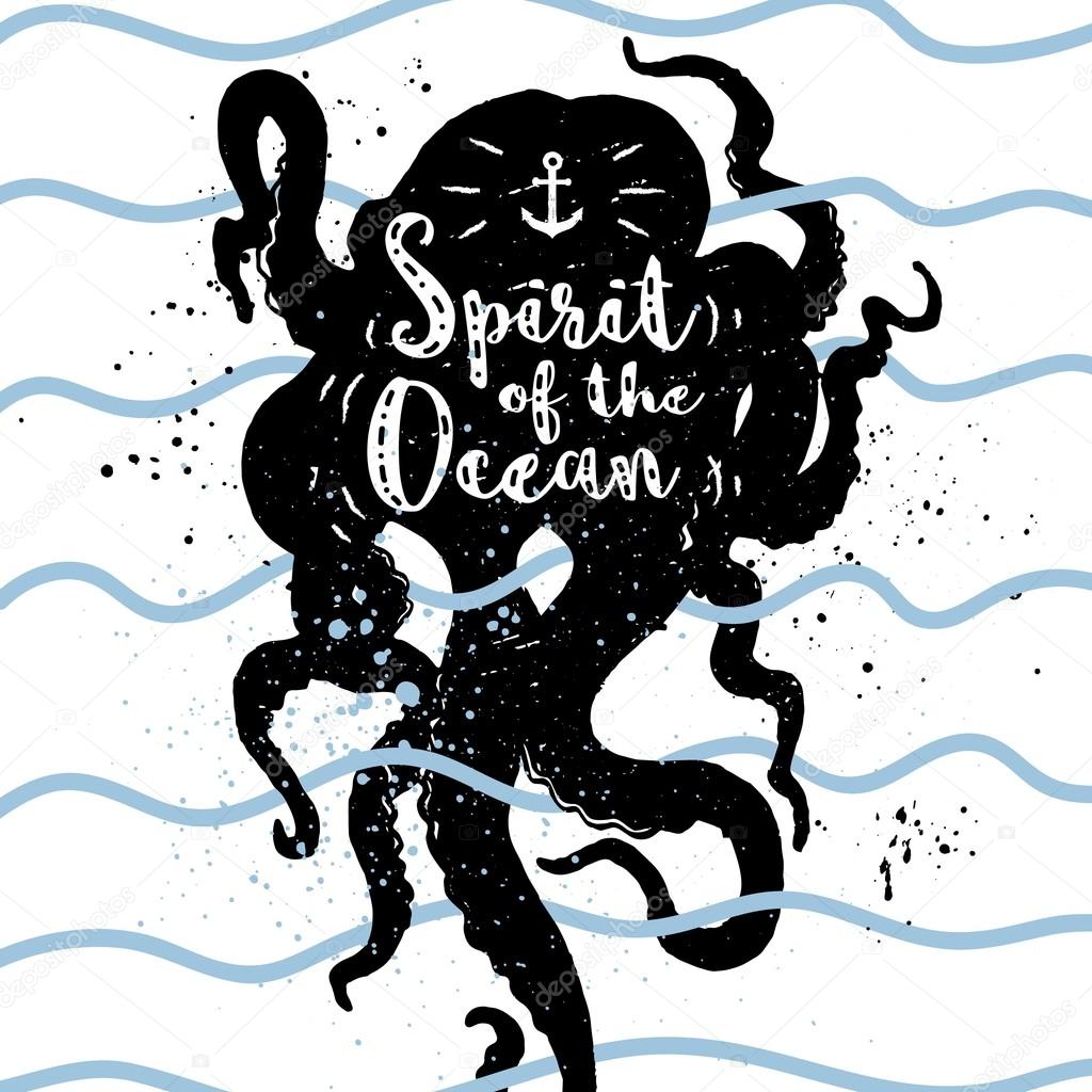 Hand drawn vintage nautical label, clothing apparel print, retro badge vector illustration with octopus, waves, and lettering.