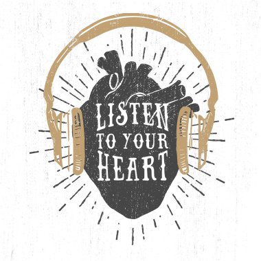 Romantic poster with human heart, headphones, and lettering.