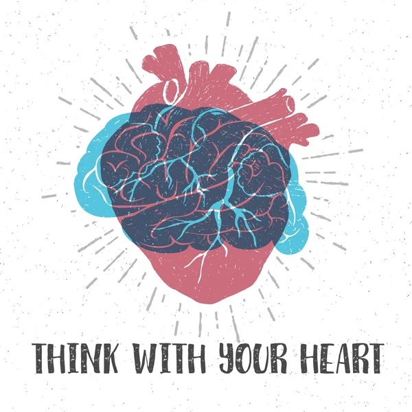 Romantische poster met menselijk hart, hersenen en belettering. — Stockvector