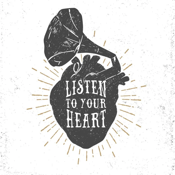 Romantische poster met menselijk hart en grammofoon hoorn. — Stockvector